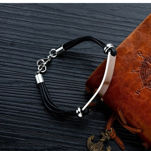 Stainless Steel Men's 8" Black Leather & Bead Bracelet-Engraving Free - Picture 2 of 5