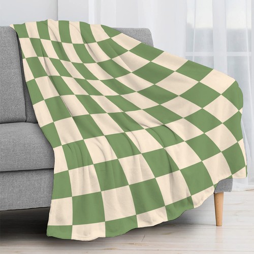 Modern Abstract Green Checkered Beige Throw Blanket for Couch Bed Sofa Office - Picture 2 of 6