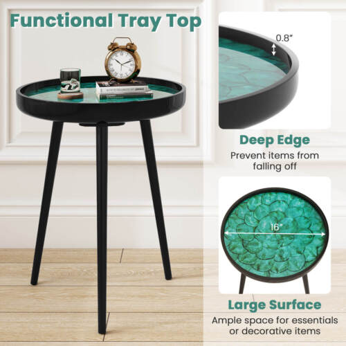 16" Round End Table Mid-century Modern Coffee Table w/ Sea Shell Decoration - Picture 7 of 10