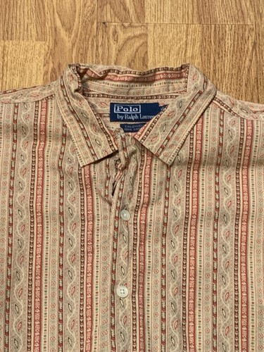 Polo Ralph Lauren Shirt Mens Large Beige Caldwell Paisley Camp Loop Collar