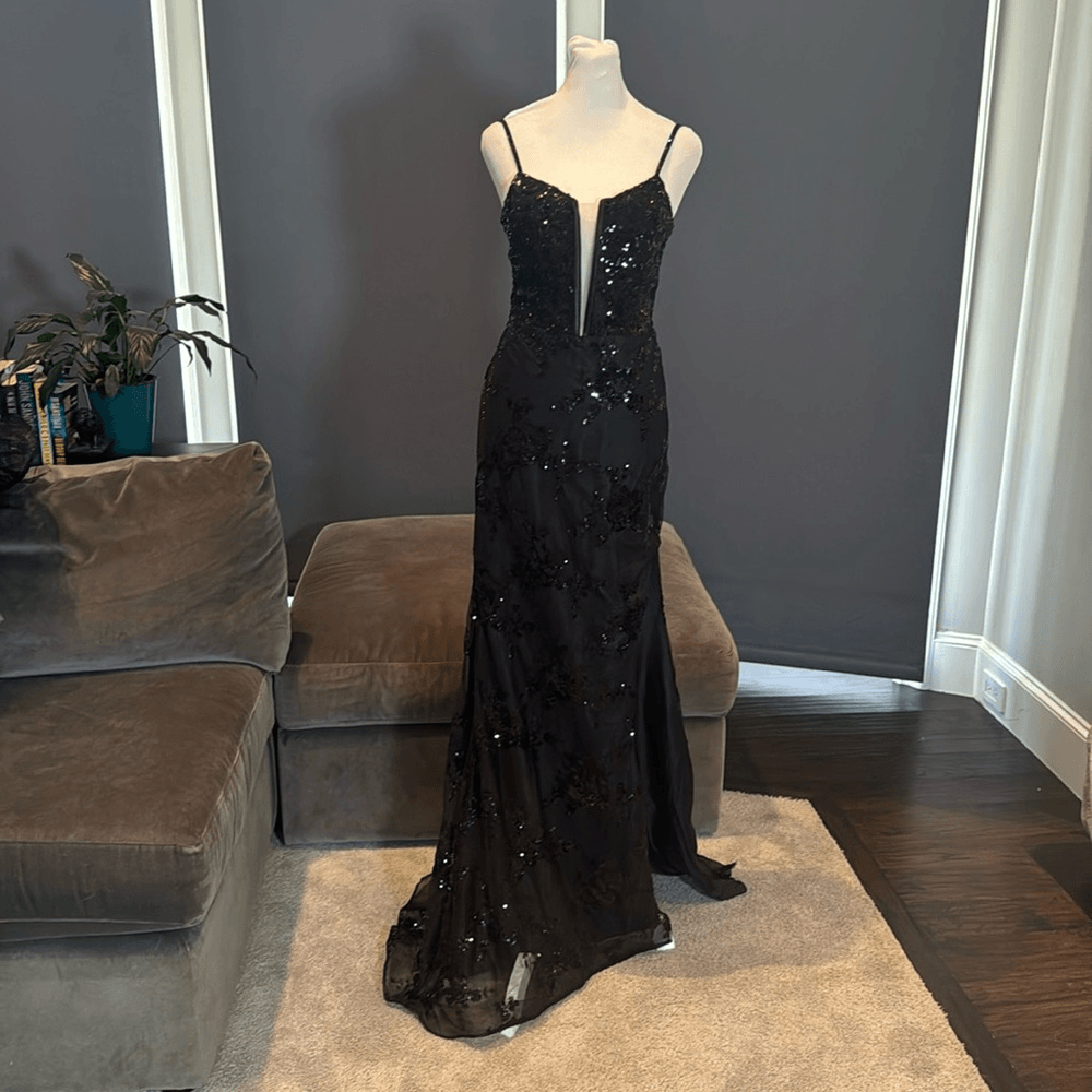 blue dress for baby girl Wedtrend Women Sparkly Black Prom Dress Mermaid Long Corset Feathered Evening Dress with Slit, Black / US22W main image 1
