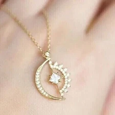 Women's Moon Star Pendant Princess Cut Simulated Diamond 14k Yellow Gold Plated