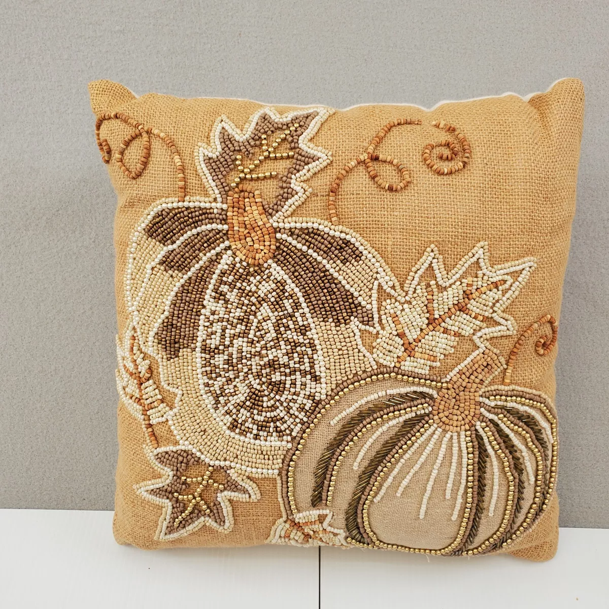 Pier 1 imports Beaded Outdoor Throw Pillow Jute Pumpkins Fall