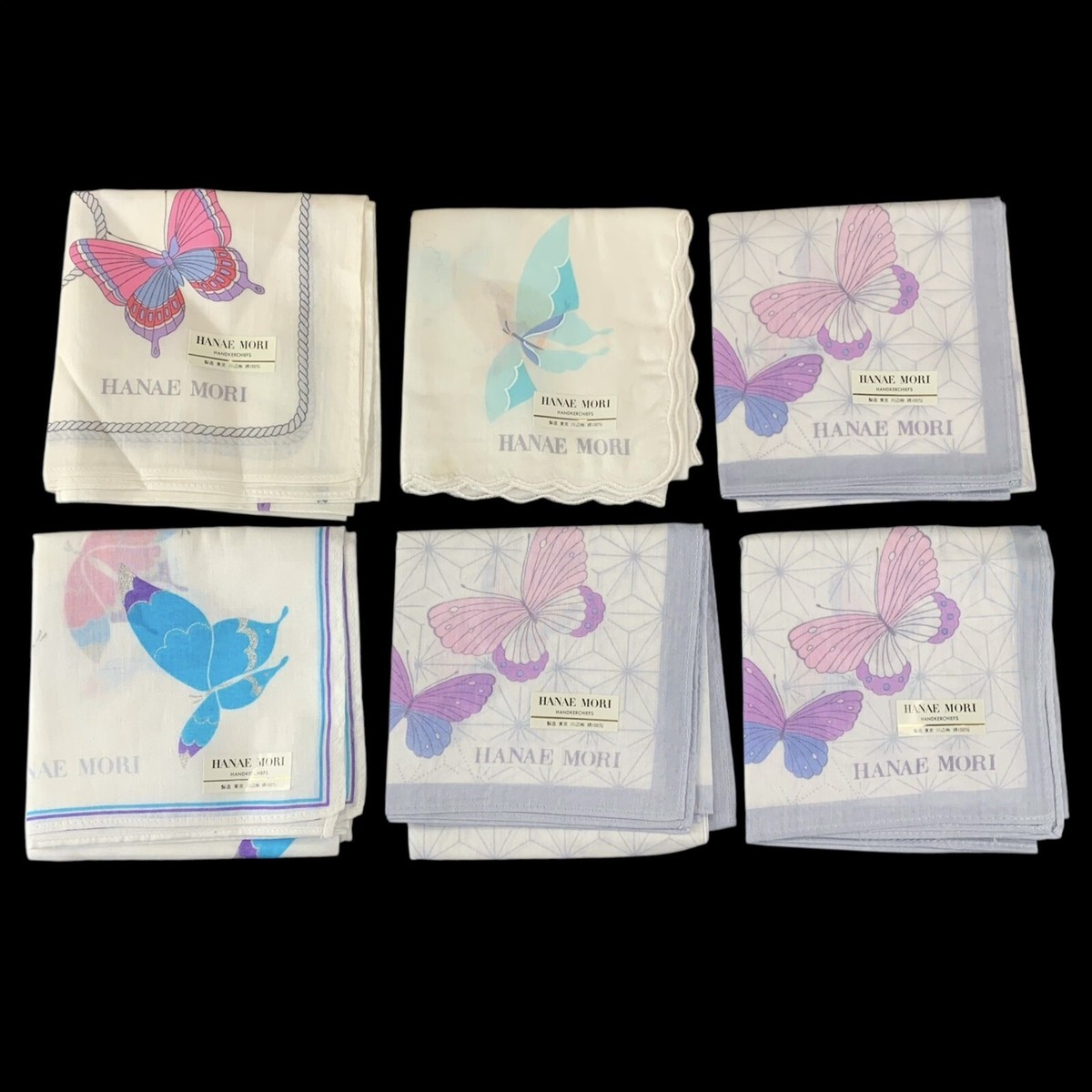 Lot Of 6 Hanae Mori Handkerchief Japan Vintage Butterfly Solid