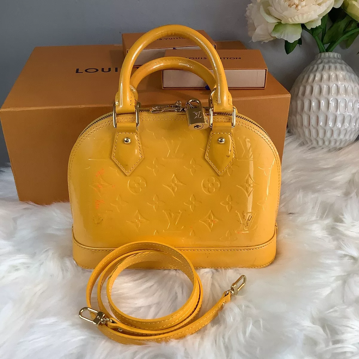 Authentic Louis Vuitton Vernis Jaune Passion Alma BB Satchel Duo Handbag