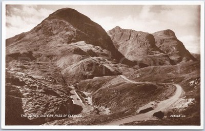 Glencoe RPPC antike Postkarte drei Schwestern Schottland Valentinstag malerische Highlands