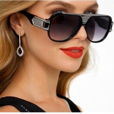 Womens Oversized  Sunglasses Black Silver Flat Top Gradient Lens UV400 LENTES