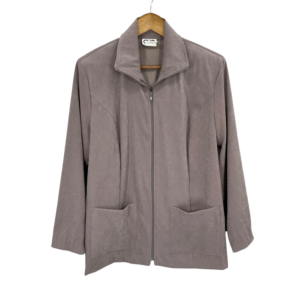Vintage Clio Jacket Women Size L Taupe Faux Suede Retro Zip Mock Neck USA Pocket - Image 4 of 4