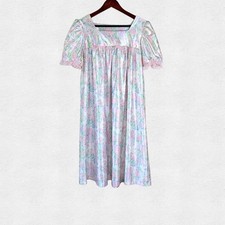 Vintage Pastel Floral Nightgown Medium Puff Sleeves Pink Lace Coquette Cottage