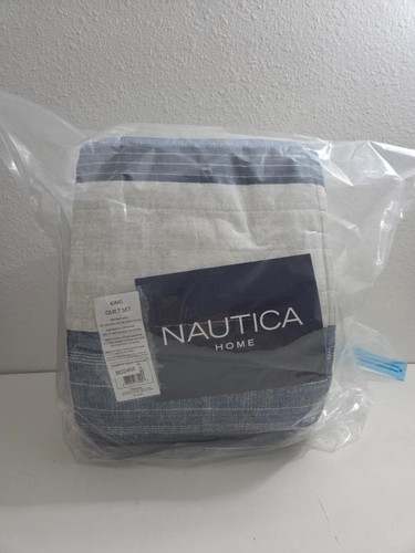 Juego de 3 piezas de edredón sham King a rayas 100 % algodón azul Nautica - Imagen 2 de 3