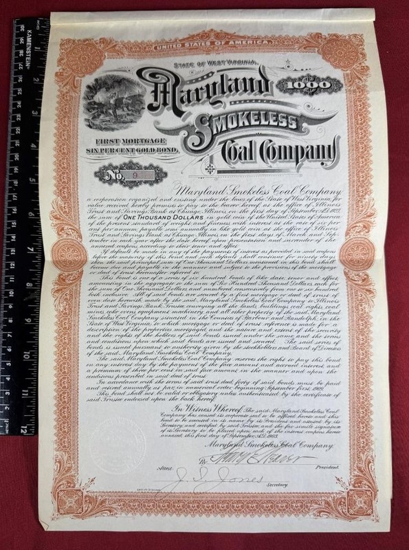 1903 MARYLAND SMOKELESS COAL COMPANY $1000 bond certificate #9