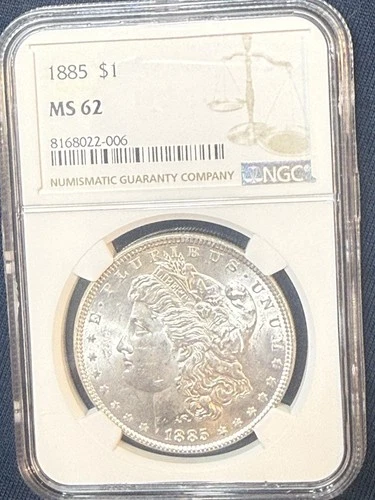 1885 $1  MORGAN SILVER DOLLAR  NGC MS62 Slabbed Beautiful Coin