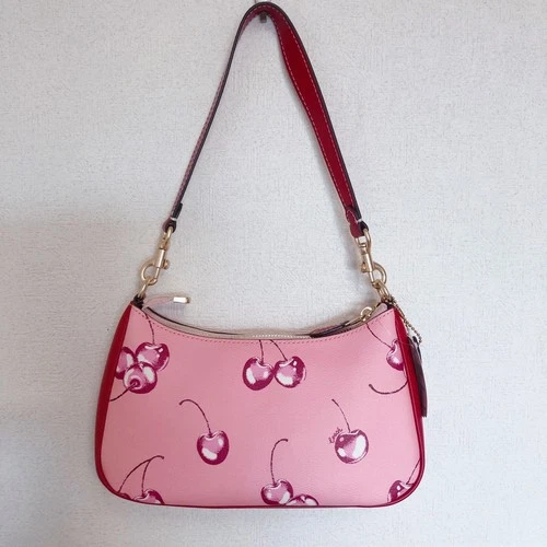 COACH Teri 2way Shoulder Bag Pink Canvas Leather Cherry Print CR290 Outlet New - Picture 5 of 16