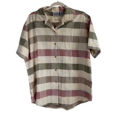 Lemon Grass Women's Striped Coastal Chic Short Sleeve Button Up Earth Tones M