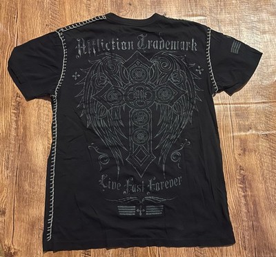 Affliction Live Fast Cross Black  Graphic Gray Thick Stitch V Neck T Shirt Sz XL