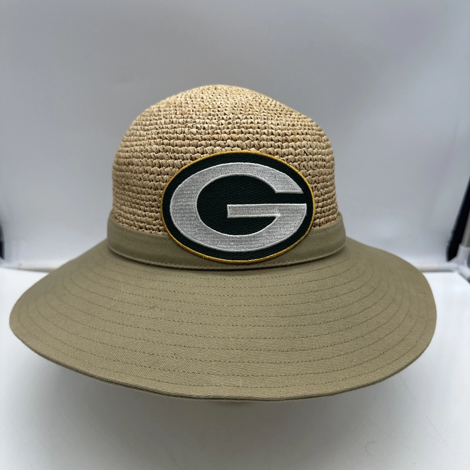 Columbia Women’s Wide Brim Sun Hat Green Bay Packers Canvas & Woven Straw EUC