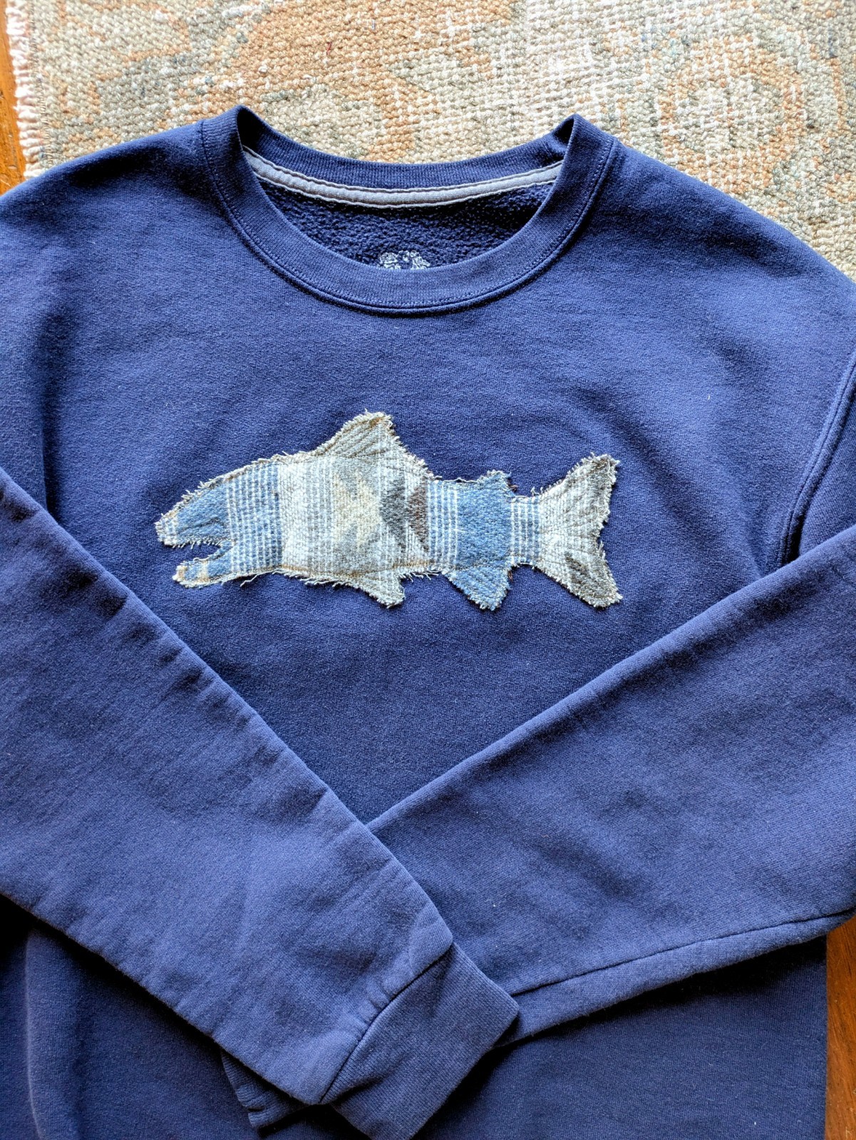 Upcycled handmade Pendleton fish patchwork onto n… - image 1