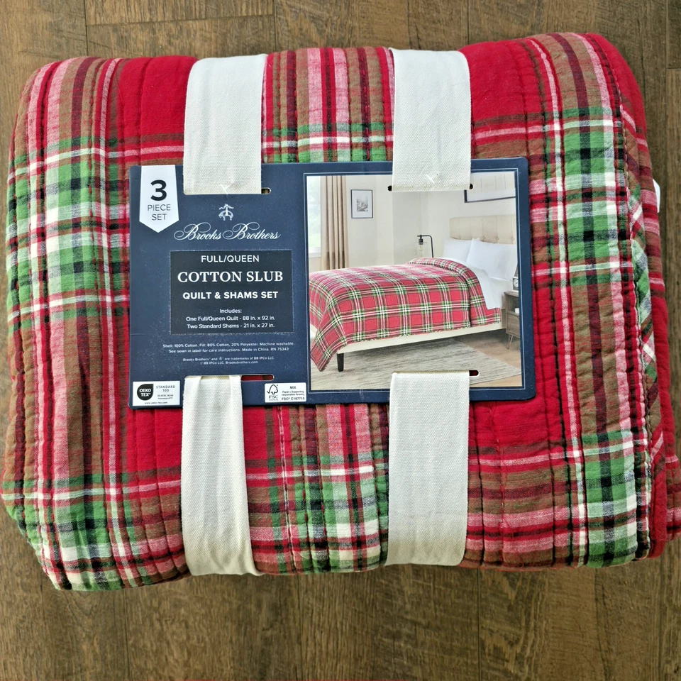 Juego completo de edredón a cuadros Brooks Brothers Queen rojo escocés puntada algodón Foto 2 de 4