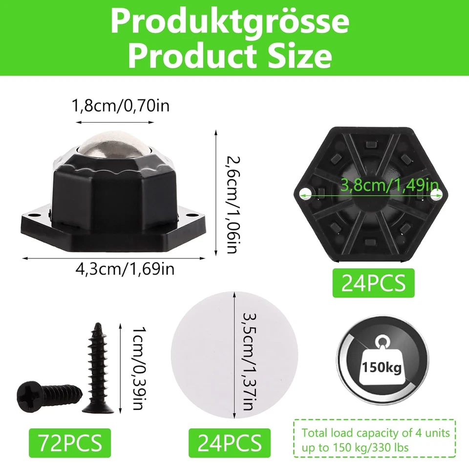 24 Stück Kugelrollen für Möbel 360° Drehbar 200kg+ - Bild 2 von 4