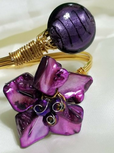 Philippines Handcrafted shell glass pearl purple Blue green gold bangle bracelet - Picture 40 of 47