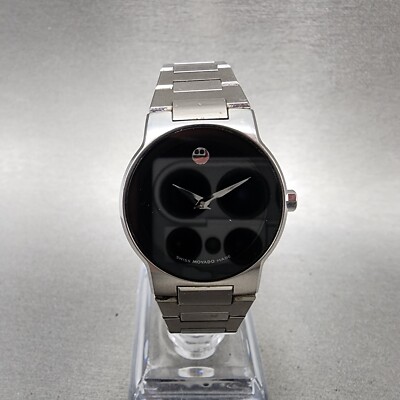 Movado Safiro Watch Women 26mm Black Dial Steel Round 0605806 New Battery 