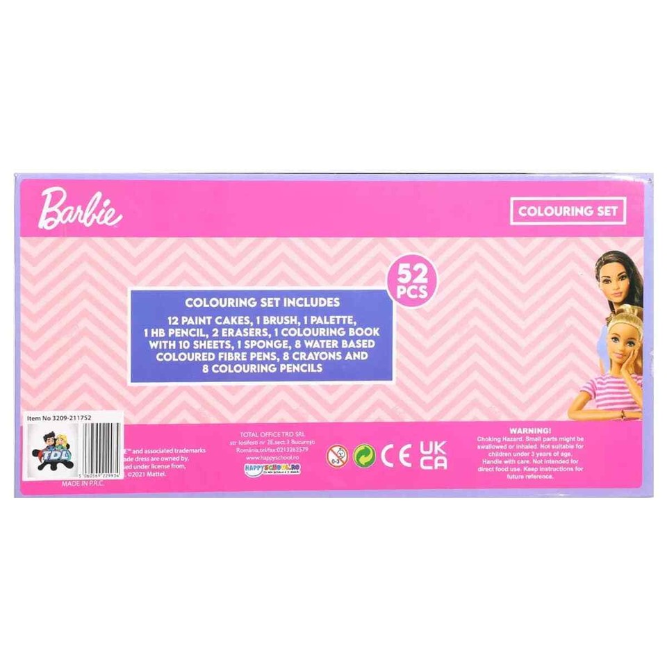 Barbie Girls Colouring Set Kids 52 Piece Art Crafts Stationery Tool Box ...