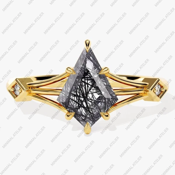 Anillo apilable de piedras preciosas de cuarzo rutilado negro, chapado en oro 925 regalo para Foto 2 de 4