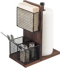 Dark Brown Wood and Black Metal Paper Towel Stand w/ Napkin Holder & Spice Rack