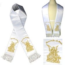 White Satin Stole Sash for Baptism Christening Embroidered Angel in Gold Spanish