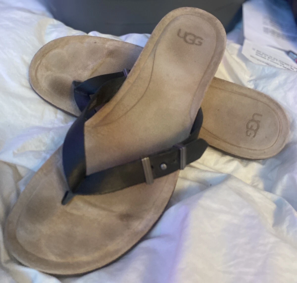 UGG Infradito Ciabatta Donna Taglia 10 Nero Ecopelliccia Perizoma Suole Gomma