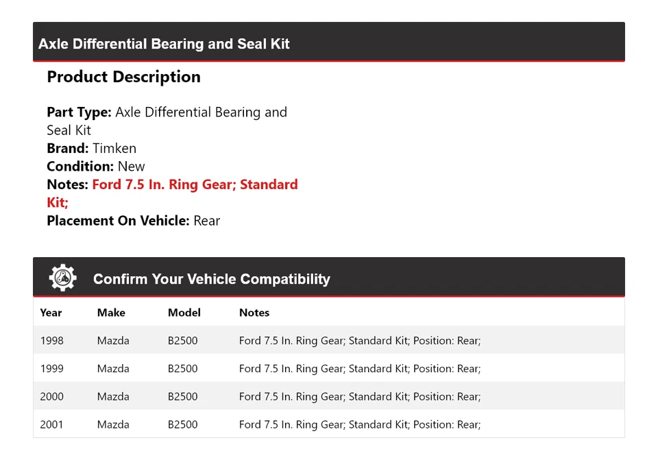 Kit de cojinete y sello diferencial de eje trasero Timken para Mazda B2500 1998-2001 Foto 2 de 3