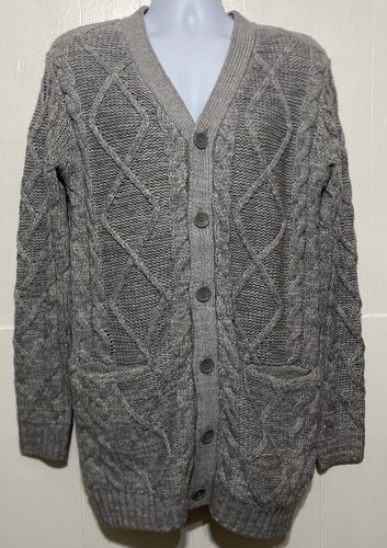 Zara Man Cardigan Sweater Men Size L Cable Knit Button Up V Neck Gray Grandpa - Picture 2 of 9