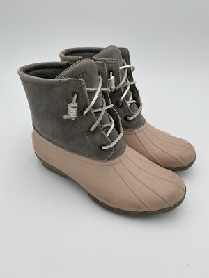 Women's Sperry Duck Boots STS85324 Grey LIght Pink Waterproof Rubber  Suede