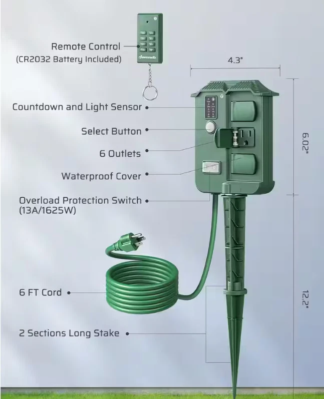 Outdoor Power Stake Timer Waterproof, 100 ft. Wireless Remote Control, 6 Grounde - Image 4 of 4