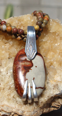 Polychrome Jasper Pendant. Setting is a Vintage Silver-Plated Cocktail Fork.