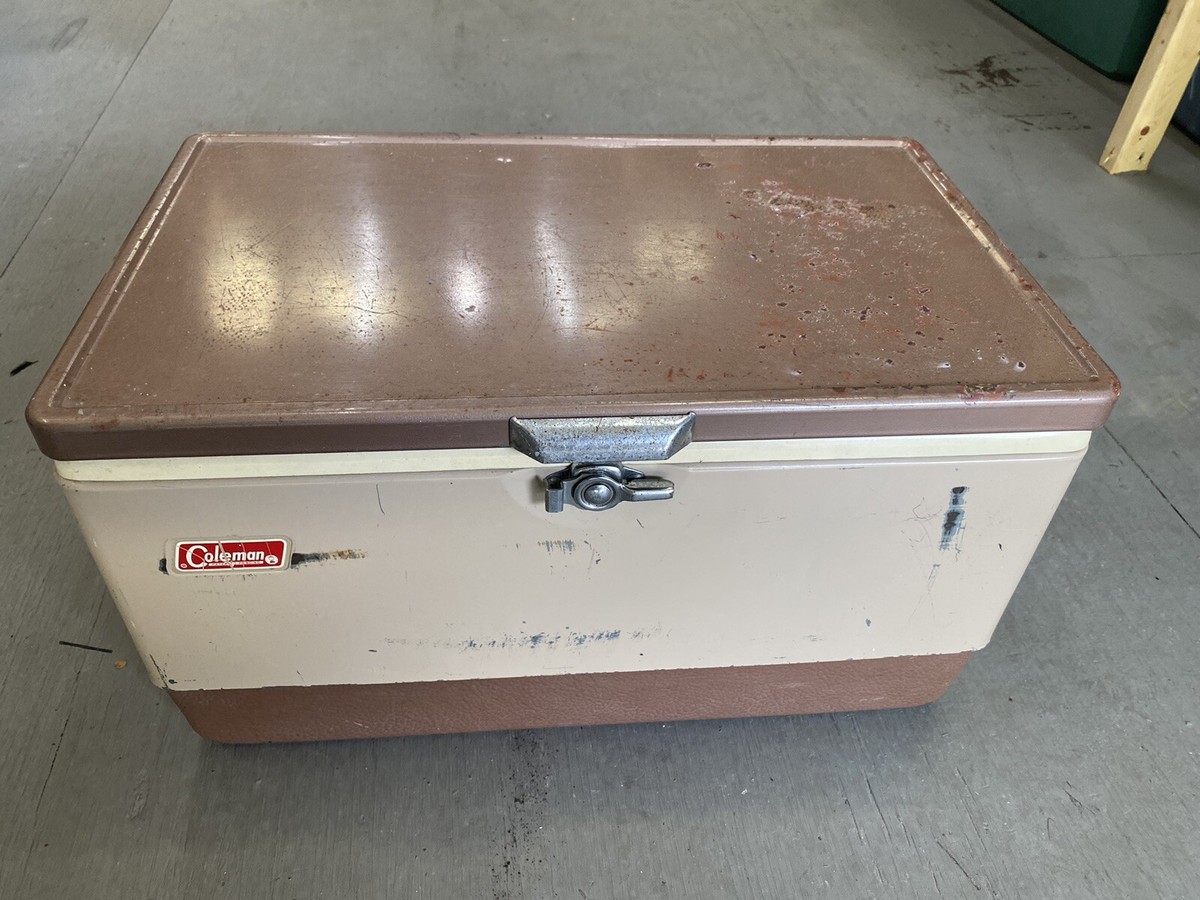 Vtg Coleman Metal & Plastic Cooler, Brown & Tan, Bottle