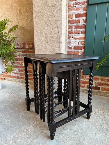 SET 4 Antique French Drop Leaf Nesting TABLE BARLEY TWIST Folding End Carved Oak - Picture 15 of 20
