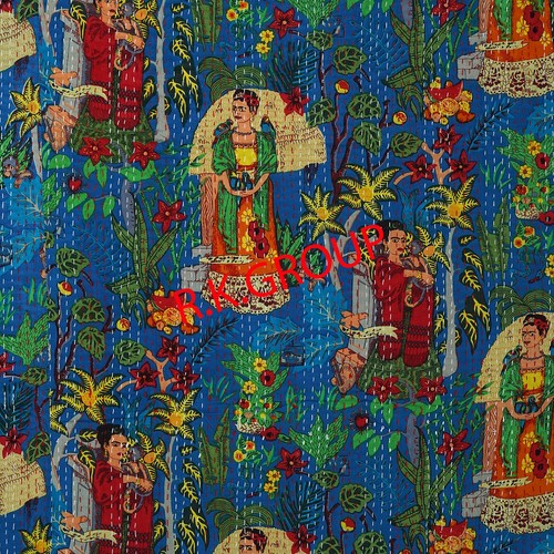 Blue Frida Kahlo Cotton Vintage Quilt Blanket King Bedspread Kantha Throw 90x108 - Picture 4 of 5