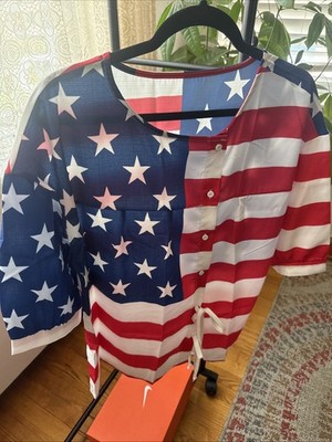 American Flag Novelty Women s Blouse Tie Front Button Holes Elbow Length Sleeve