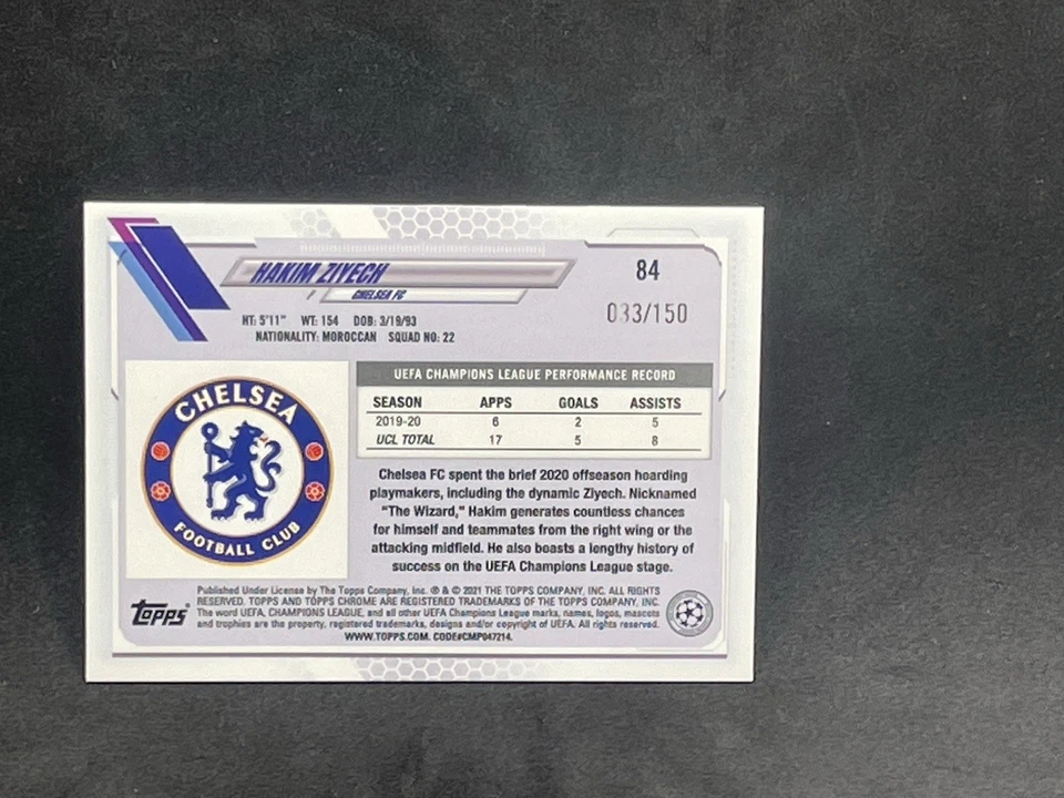 TOPPS 2020-21 CHROME SAPPHIRE EDITION HAKIM ZIYECH #84 /150 AQUA REFRACTOR - Image 2 of 2