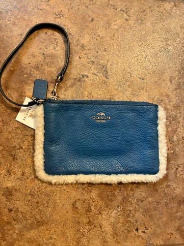 Coach Wristlet Blue Shearling 8x5 Blue Leather Brand New