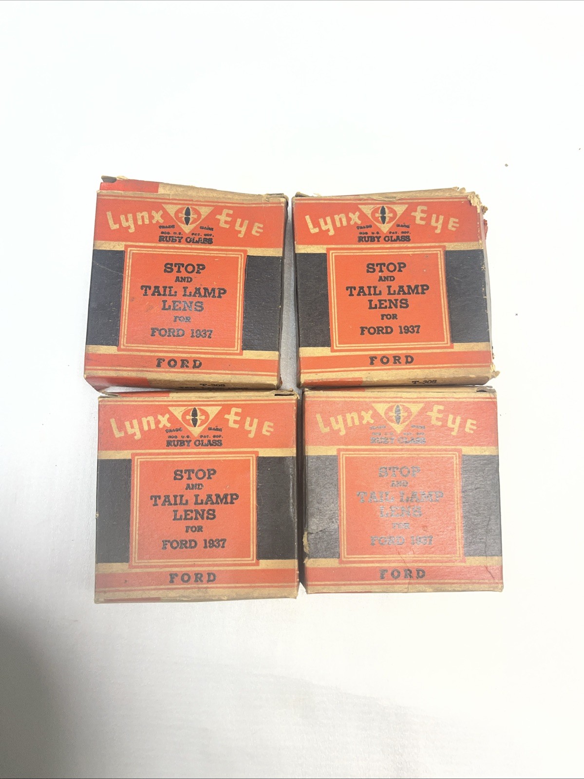 4 1937 Ford Stop Tail Lamp Lenses NOS Lynx Eye Ruby Red Glass!
