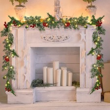 6FT Pre Lit Christmas Garland w/Lights Red Berries Door Wreath Fireplace Decor