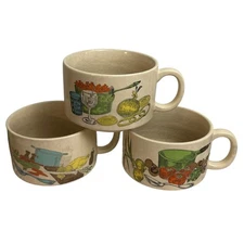 Set of 3 Vintage Kitchenware Mugs Bowls Cooking Theme Recipe Graphic 70s-80s