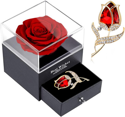 Preserved Red Rose Gift Box- Enchanted Real Roses with Ruby Brooch, Eternal Rose