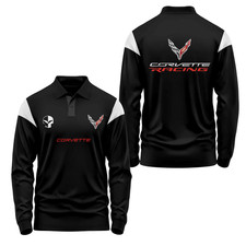 Custom Name Men's Corvette C8 Logo Black Jake Skull Polo Long Sleeve Shirt S-5XL