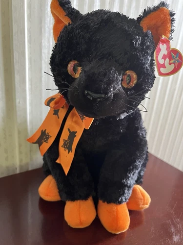 Retired 2000 Vintage Fraidy Cat Ty Beanie Baby Black Cat with Orange Bow