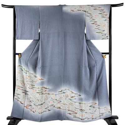 Japanese Silk Houmongi Kimono M 159cm Bluish gray Tsujigahana pattern Haze 23995