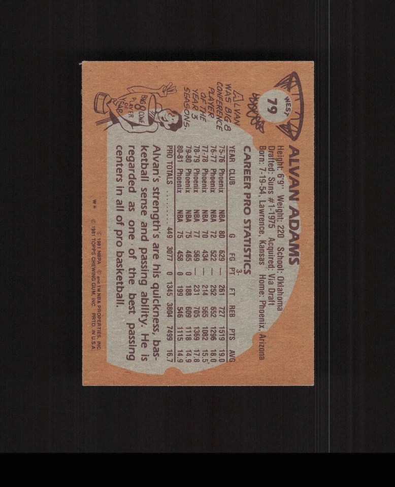 1981-82 Topps #79 Alvan Adams Basketball Card Phoenix Suns - Image 2 of 2