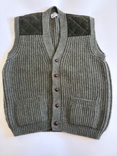 Brenire Wool Cardigan Waistcoat 44 Green Made in Scotland Suede Shoulder Patches